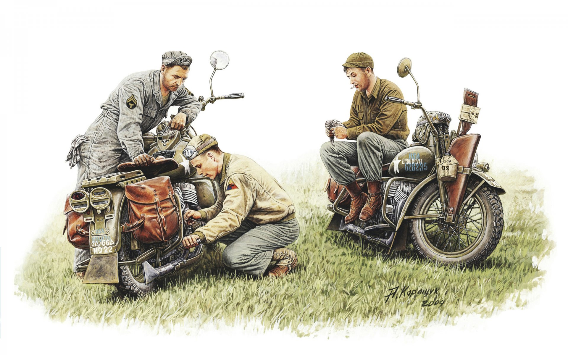 arte soldados ee.uu. equipo de reparación mecánica reparación brigada motocicleta harley-davidson wla modelo 1942g. equipado en militar propósito reparación fumar ee.uu. ww2 khdozhnik a.karashuk