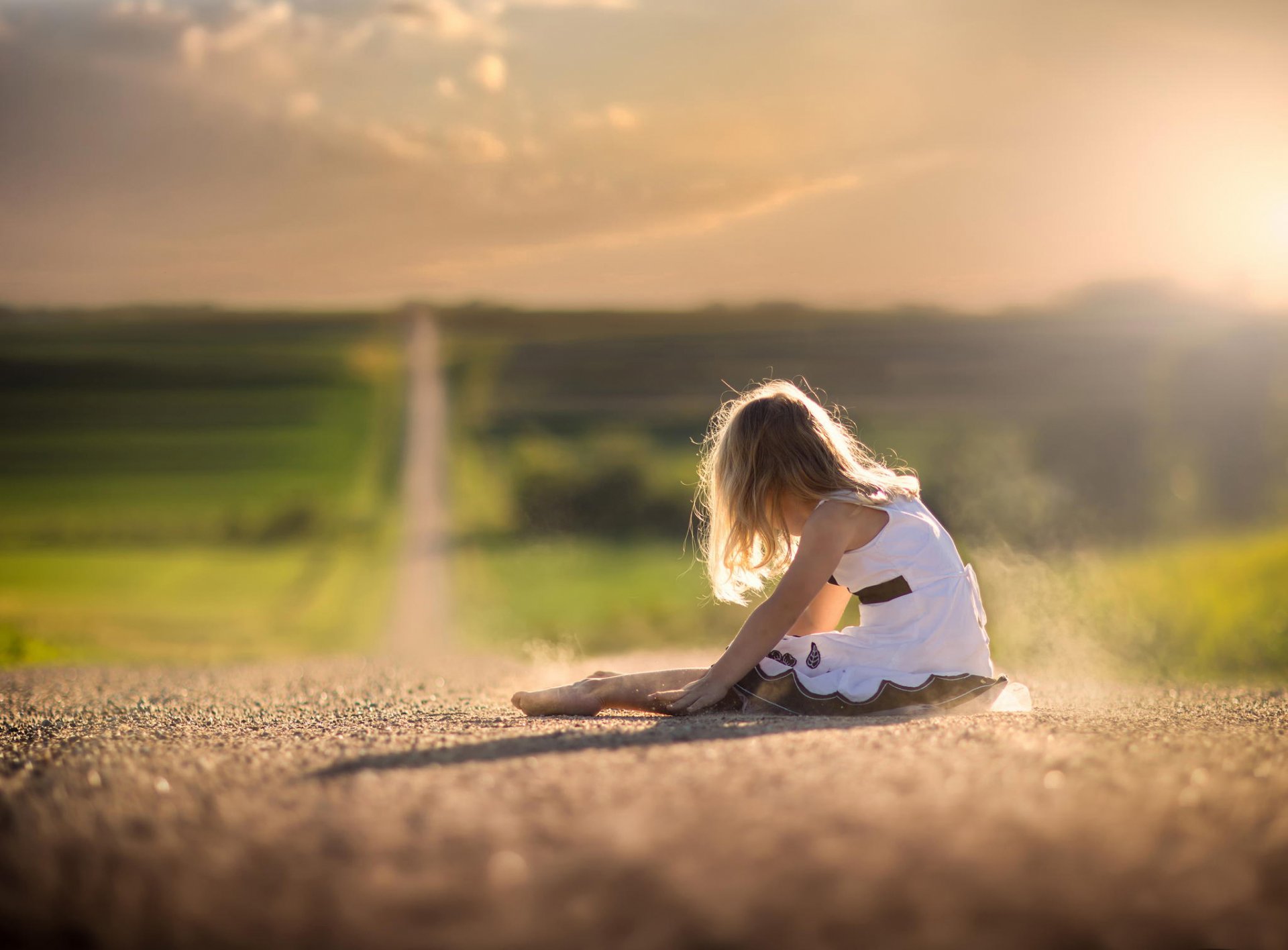 girl road dust dress space bokeh