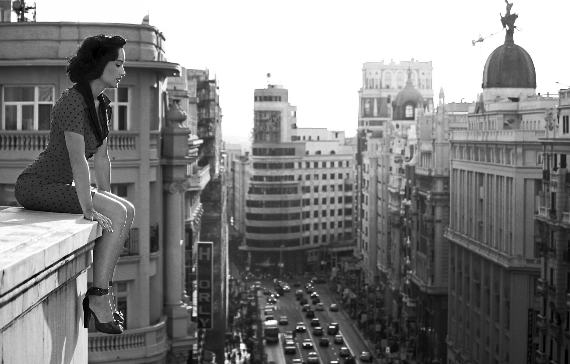 town girl madrid roof photo black and white