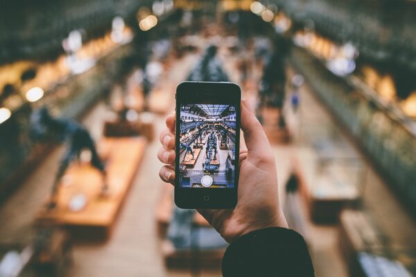 Un hombre toma fotos de esqueletos en un Museo