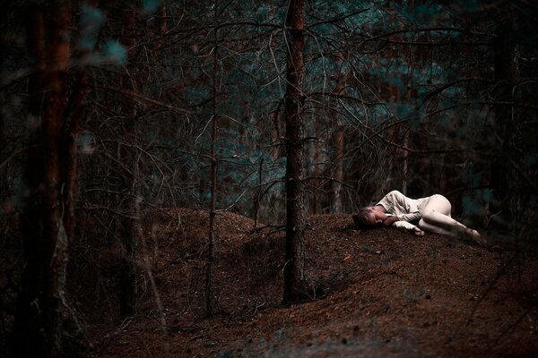 Forest, thicket, pine trees girl sleeping