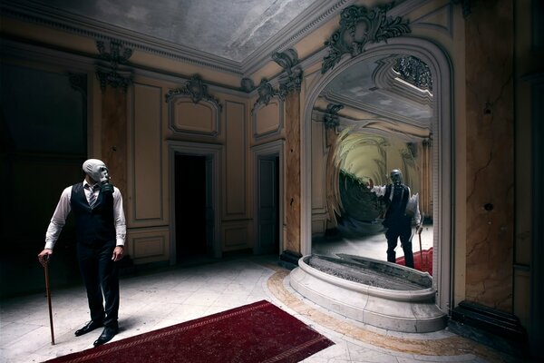 A man in a gas mask next to a mirror portal