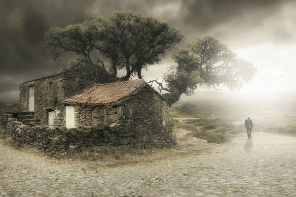 A man leaves an old house