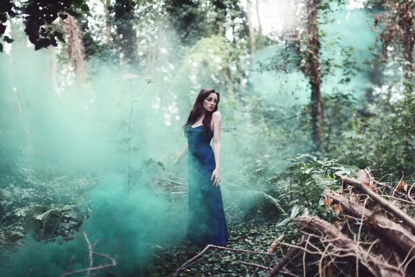 Mädchen im luxuriösen Kleid verlor sich im Wald durch Rauch