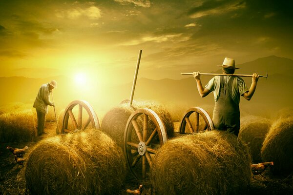 Agricultor trabaja en verano con calor