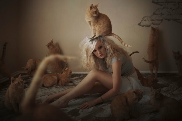 A girl surrounded by red cats