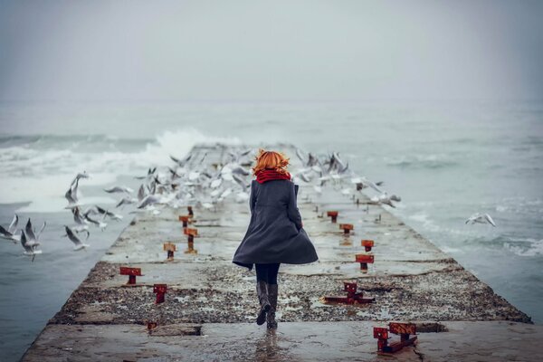 Muelle en el océano con gaviotas paisaje