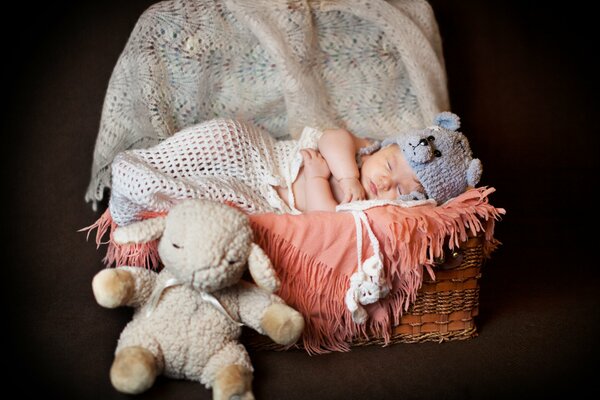 A newborn baby in a cute hat sleeps in a basket