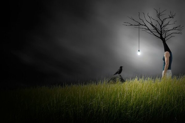 A girl with a tree head and a light bulb on a branch and a black raven on the green grass