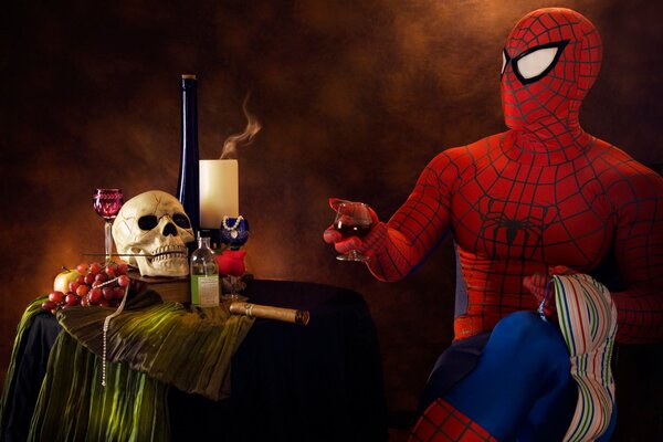 Spider-Man drinks with the skull