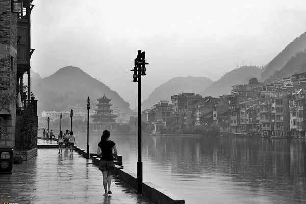 The Embankment of China in black and white