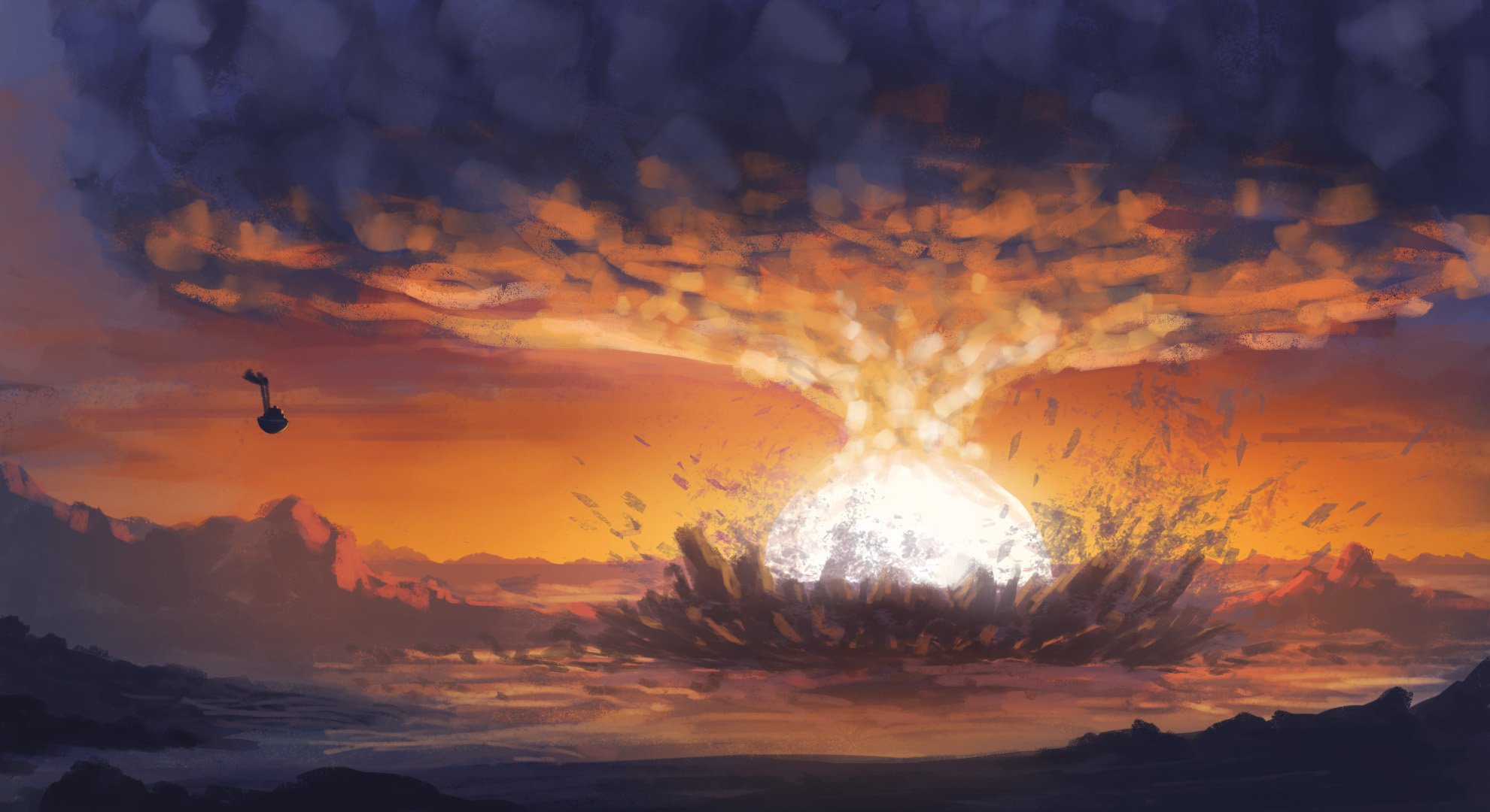 Парящая земля 2. Взрыв фэнтези. Ядерный взрыв арт. Взрыв арт. Огненное небо.