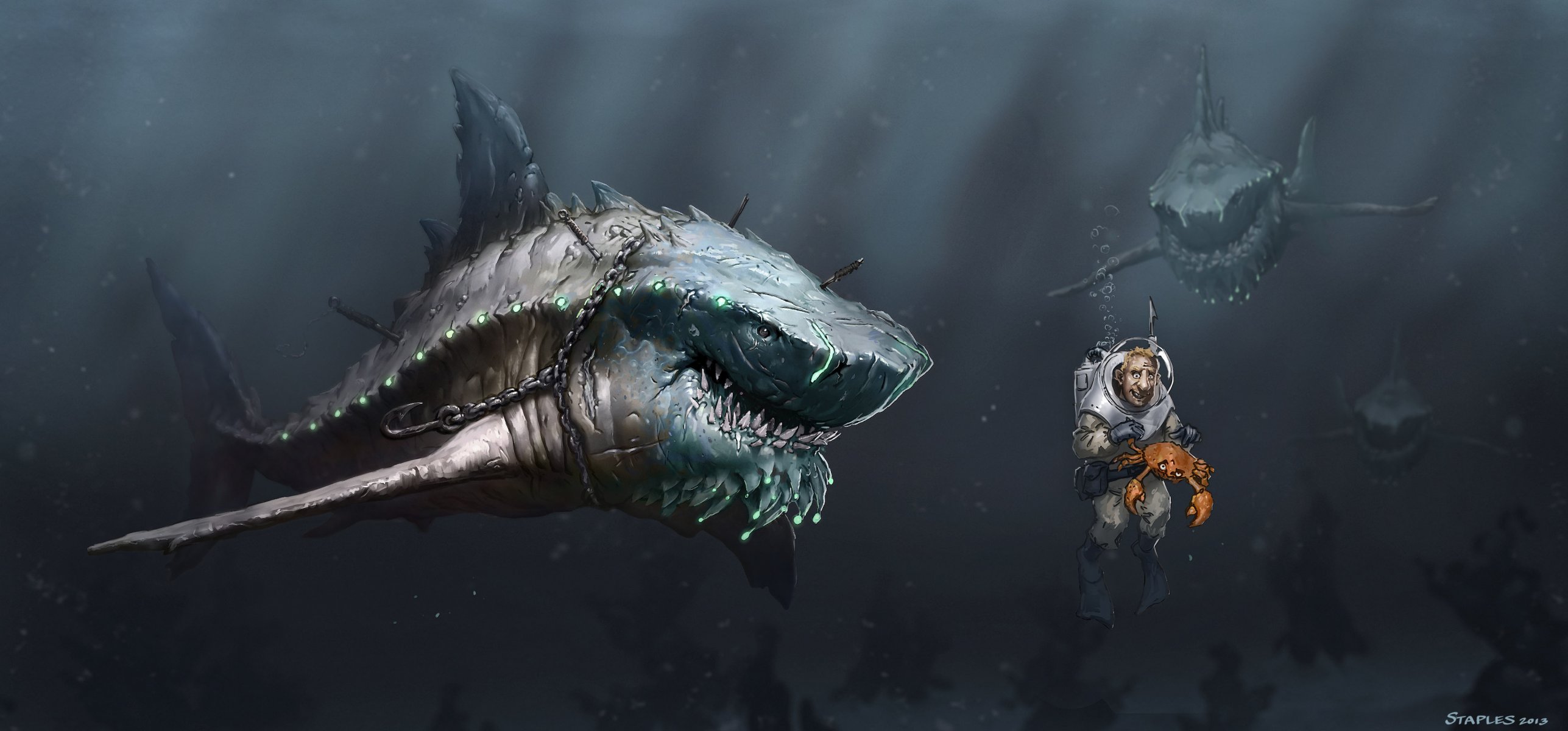 art sea under water shark megalodon predators cooling man scuba crab circuit hook