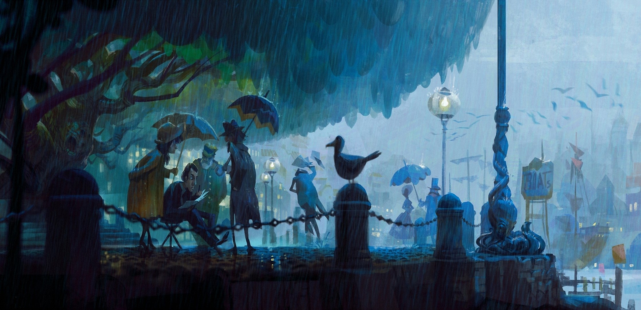 art street night park light rain people umbrellas bird