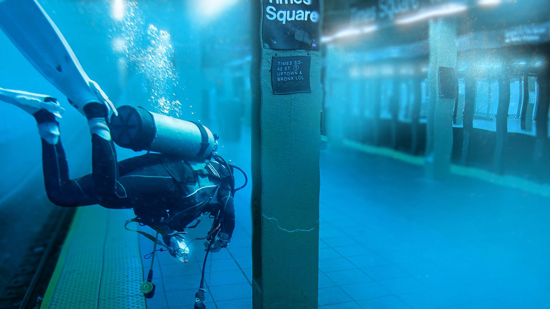 diver underground new york times square hurricane sandy