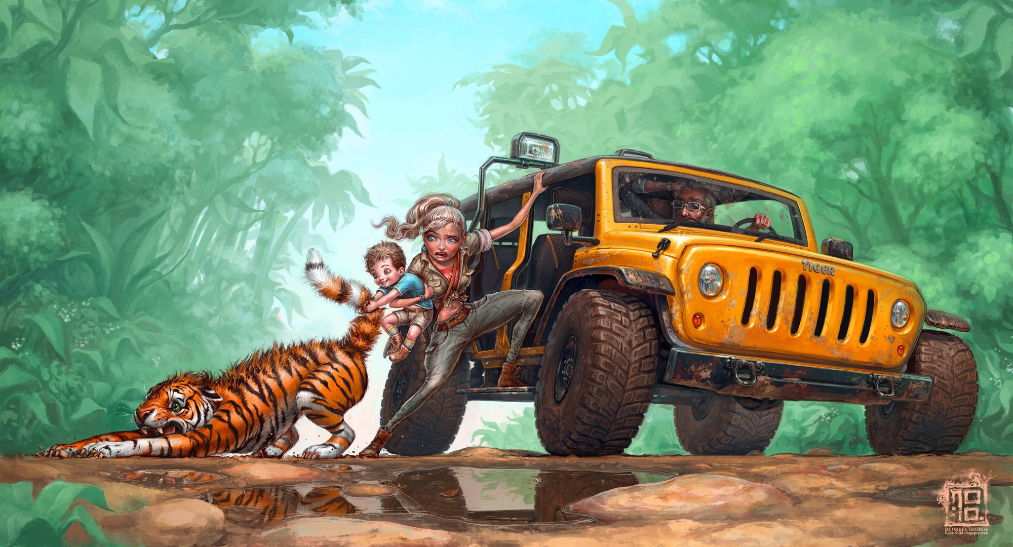 kunst redreevgeorge jeep familie kind tigerkind tier zieht dschungel pfützen straße