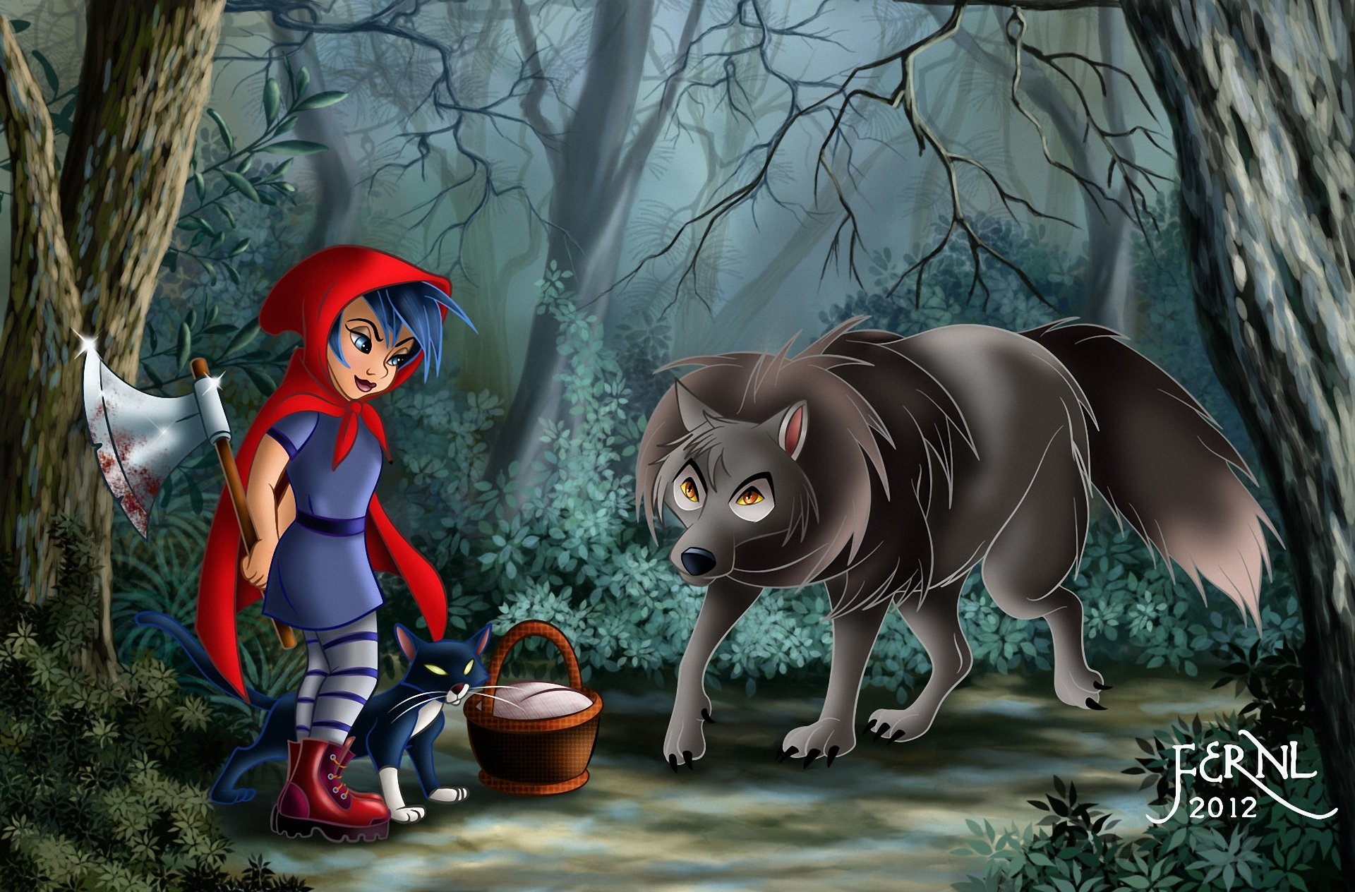 art petit chaperon rouge forêt fille loup chat chat hache sang panier panier