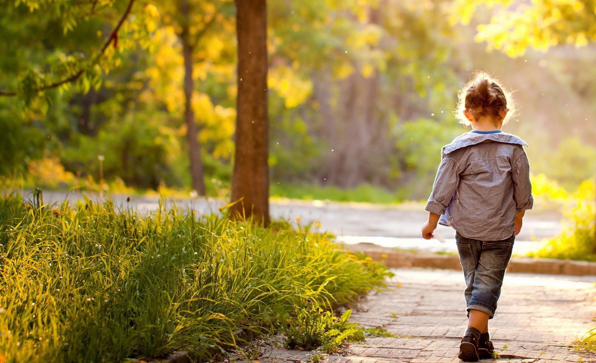 situationen mädchen kinder kind zu fuß park gasse natur gras grün wiese baum bäume blätter laub unschärfe hintergrund tapete widescreen vollbild widescreen widescreen