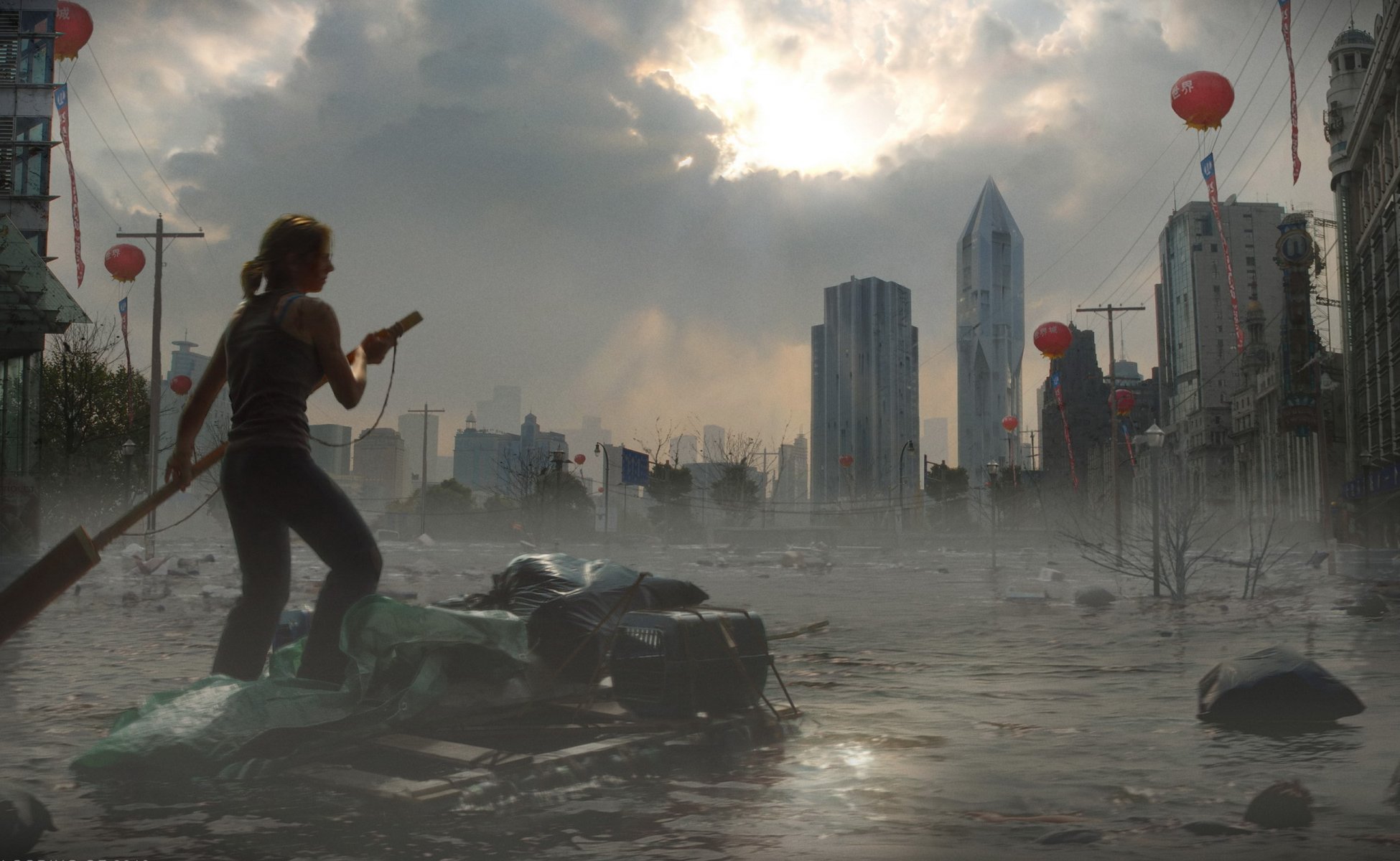 globale flut stadt wasser mädchen floß gebäude himmel