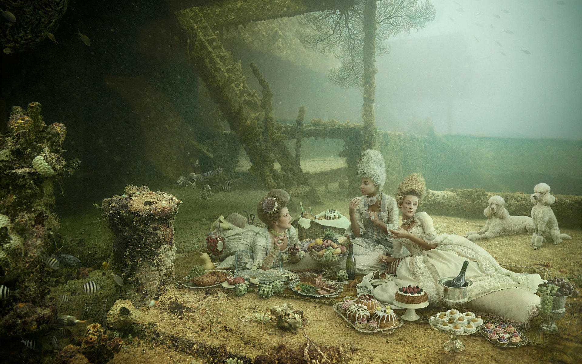 picnic under water girls dress dogs surreal humor victorian style