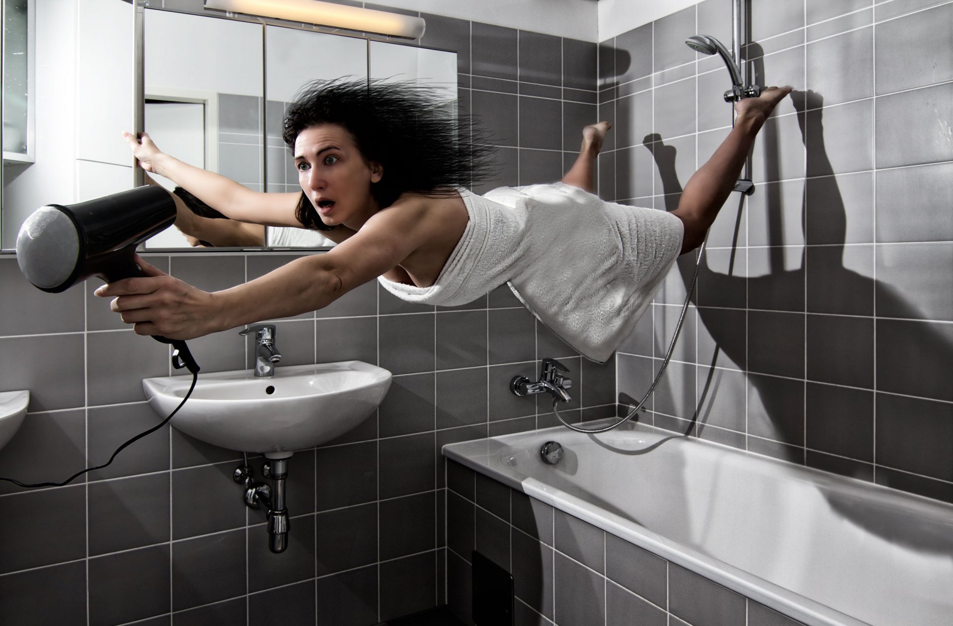 brunette bathroom hair dryer