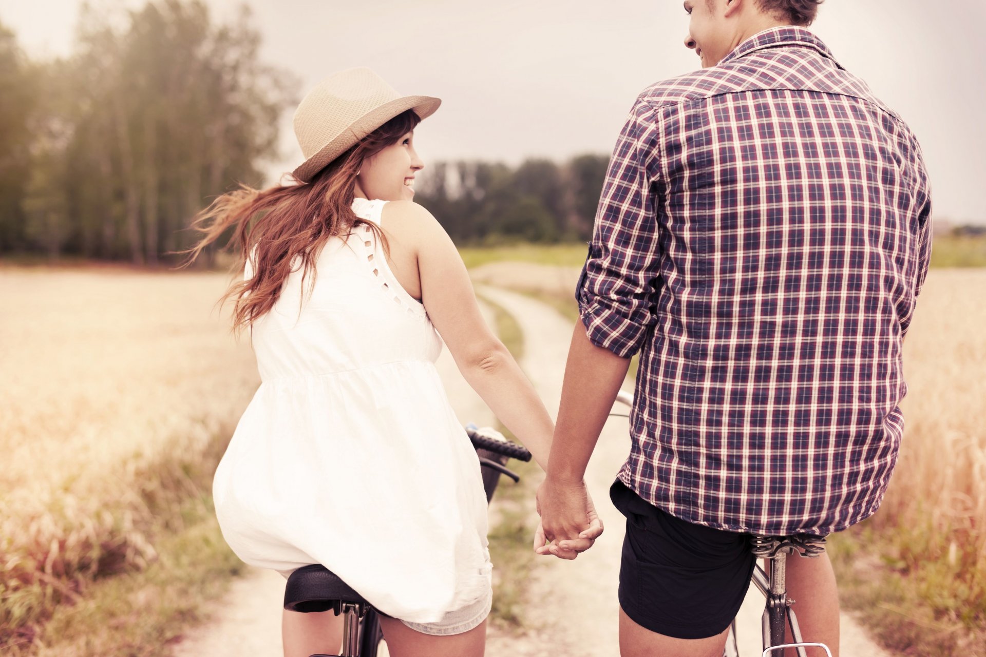 moods situations girl woman guy man joy positive smile laughter couple lovers love hands bicycles sports dress white hat nature plants trees leaves background wallpaper widescreen fullscreen widescreen