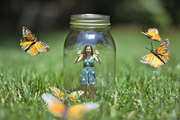 Butterflies in nature. The girl in the bank