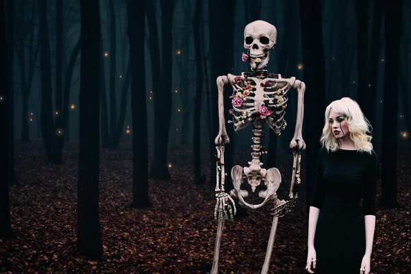 A girl and a skeleton in flowers in the forest