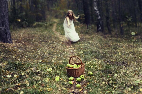 The girl runs to the basket with apples