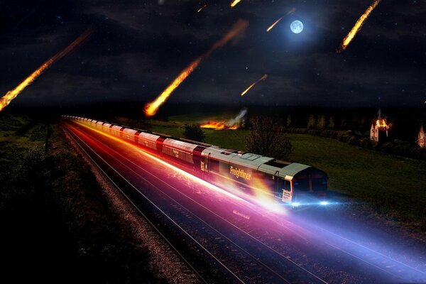 Zug rast vor dem Hintergrund der fallenden Meteoriten