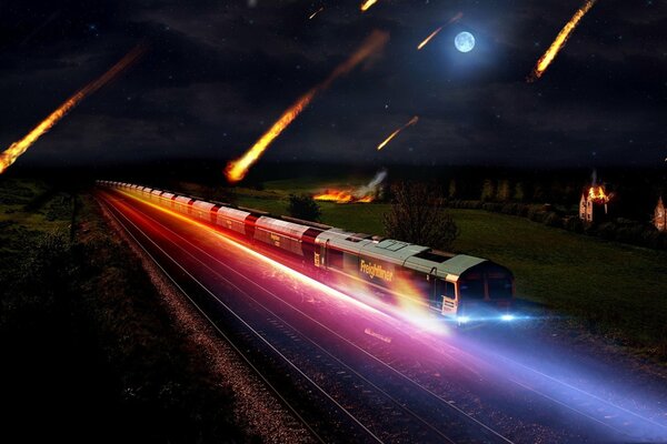 Le train se précipite sur le fond de la chute des météorites
