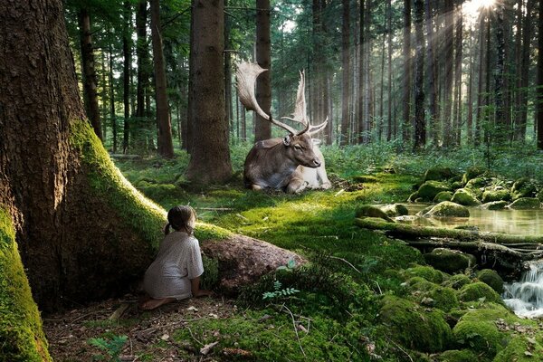 Mädchen beobachtet ein Reh im Wald