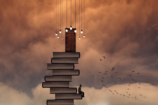 A man goes to the sky to the door on a ladder of books