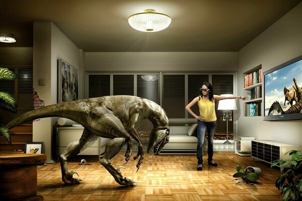 A girl scolds a dinosaur