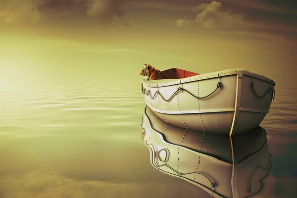 Beautiful image of a boat with a tiger on the water