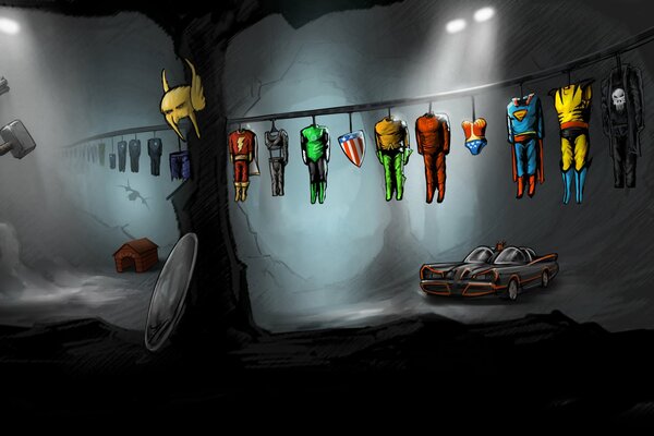 Caricature sur les personnages de super-héros dans la grotte