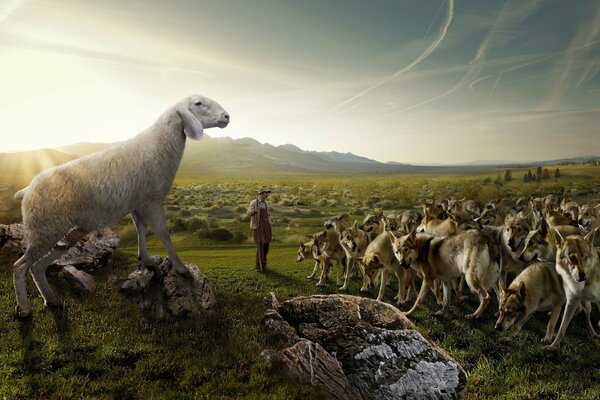 Mouton surveille le troupeau des loups
