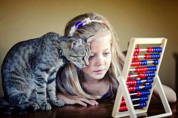 Foto eines Mädchens mit einer Katze studieren die Rechnungen