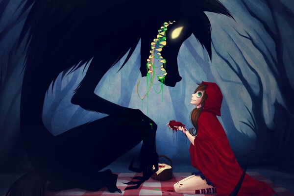 Animation of Little Red Riding hood. A girl feeds a monster