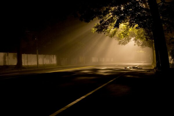 Nocna ulica pokryta mgłą