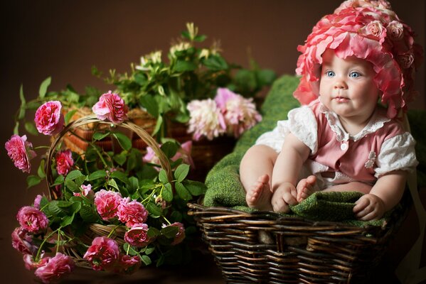 A girl in a flower cap is sitting in a basket