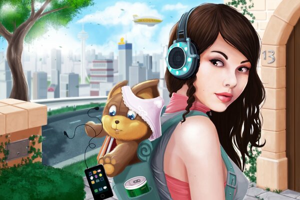 A girl with headphones and a backpack