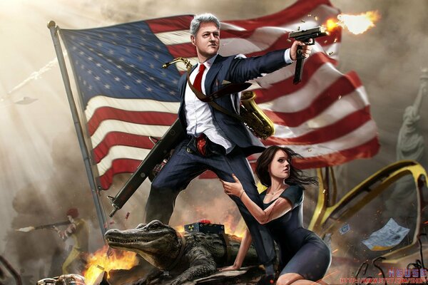 Politicians Clinton and the president with a gun, an alligator stand where Ronold and a girl at the flag