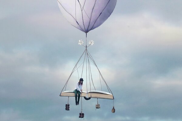 A girl in a balloon with books