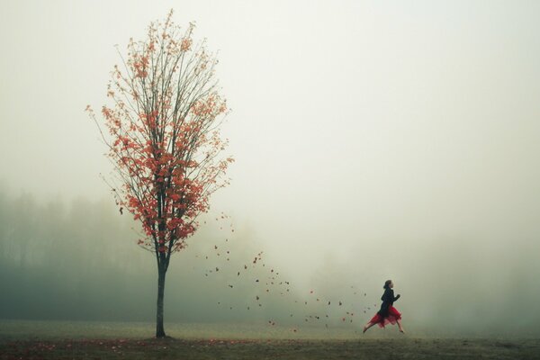 Niña y otoño árbol y hojas