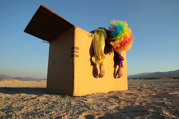 Ein Mann in einer Clownperücke stieg aus der Box aus