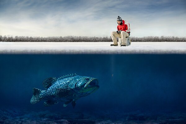 Un pescador atrapa un pez enorme en invierno