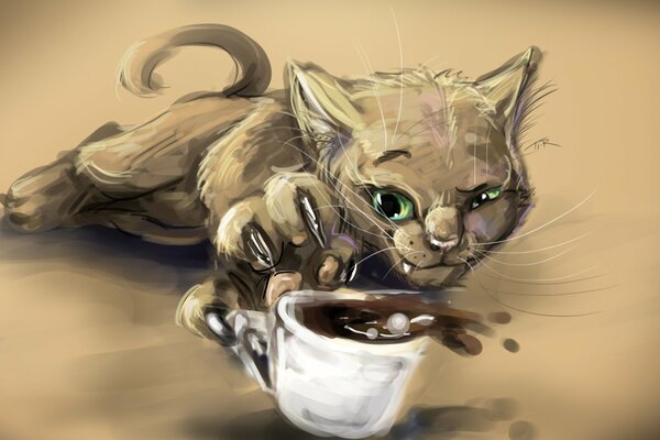 Le dessin de chaton jouant avec une tasse de