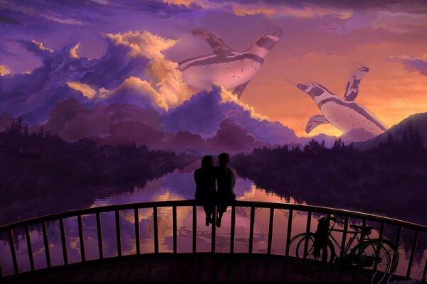 Zakochana para siedzi na poręczy mostu, podziwiając liliowy Zachód słońca z latającymi żółwiami