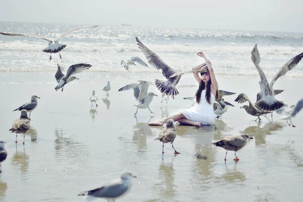 A girl is sitting on the beach by the sea with a lot of seagulls